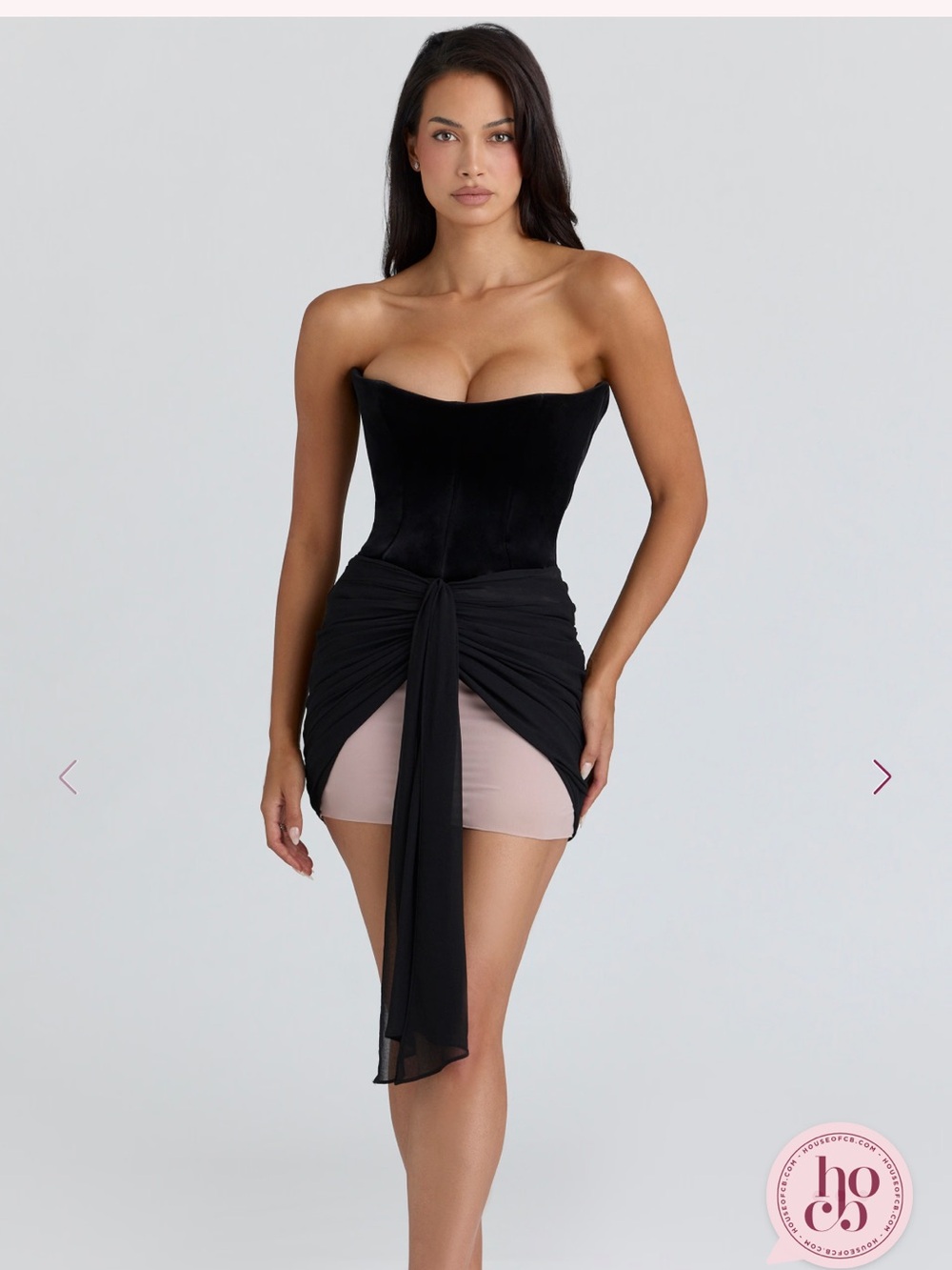 House of CB Black Strapless Velvet Corset Mini Dress with Blush Underlay